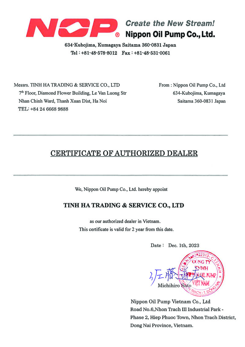 Certificate of Authorized Dealer NOP TINH HA